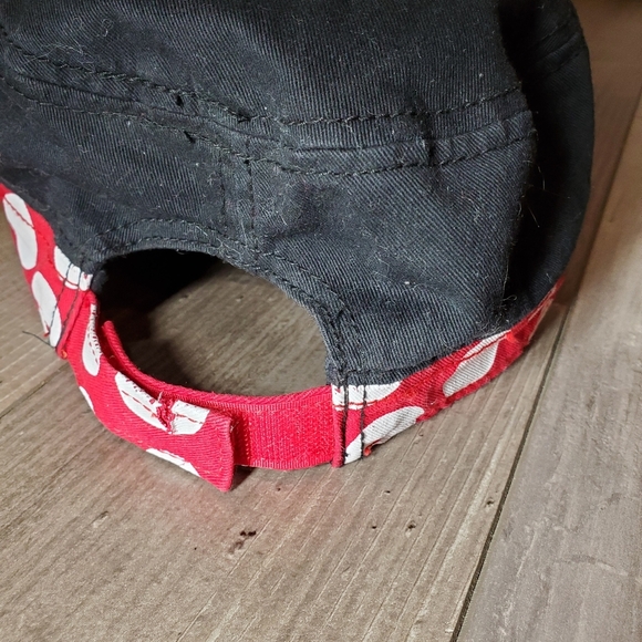 Minnie Mouse Hat Disney Parks Cap Cadet Red Polka Dot Bow Black Cotton Strapback - Picture 6 of 14